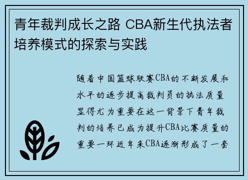 青年裁判成长之路 CBA新生代执法者培养模式的探索与实践