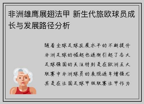 非洲雄鹰展翅法甲 新生代旅欧球员成长与发展路径分析