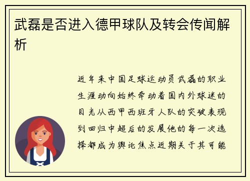 武磊是否进入德甲球队及转会传闻解析